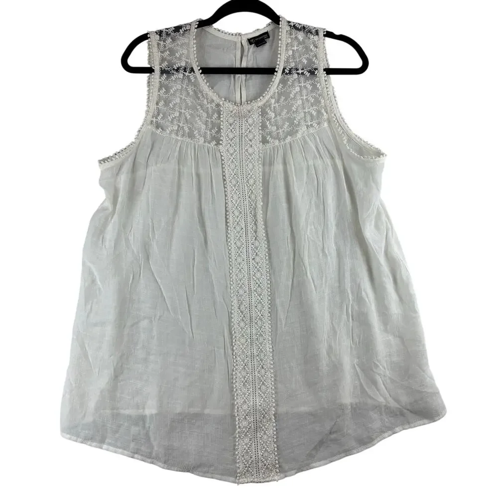 New Directions Sleeveless Blouse Womens 0X 14W Sheer Ivory Feminine Crochet Lace